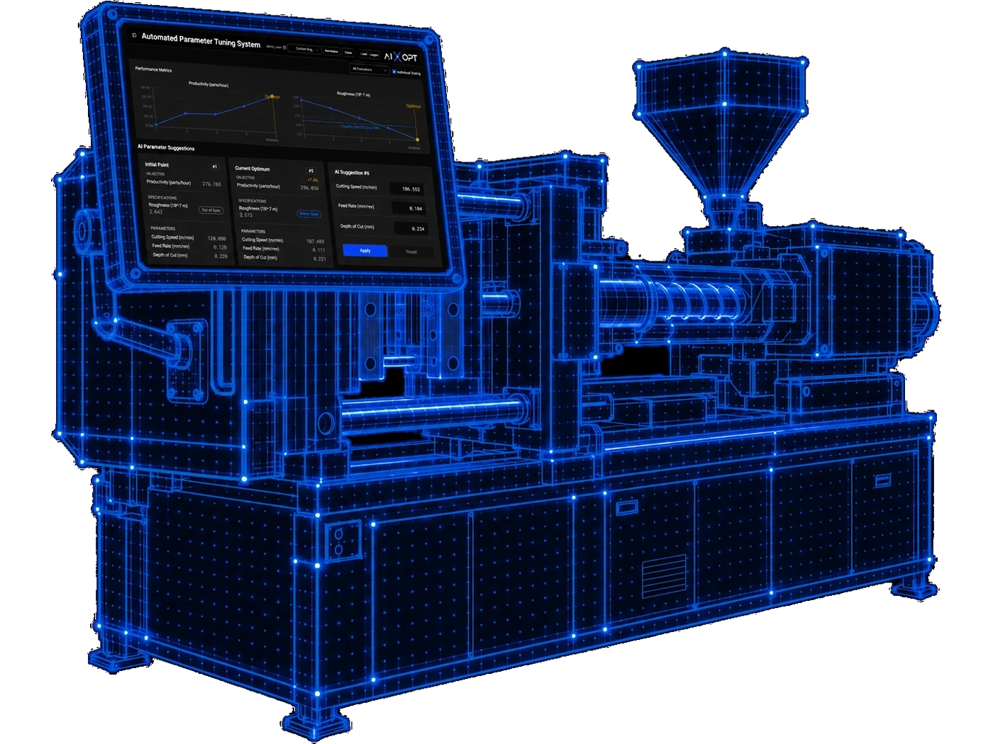 Spritzgießmaschine mit aiXopt-Dashboard auf montiertem Tablet